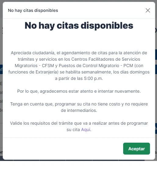No appointments for Cédula de Extranjería