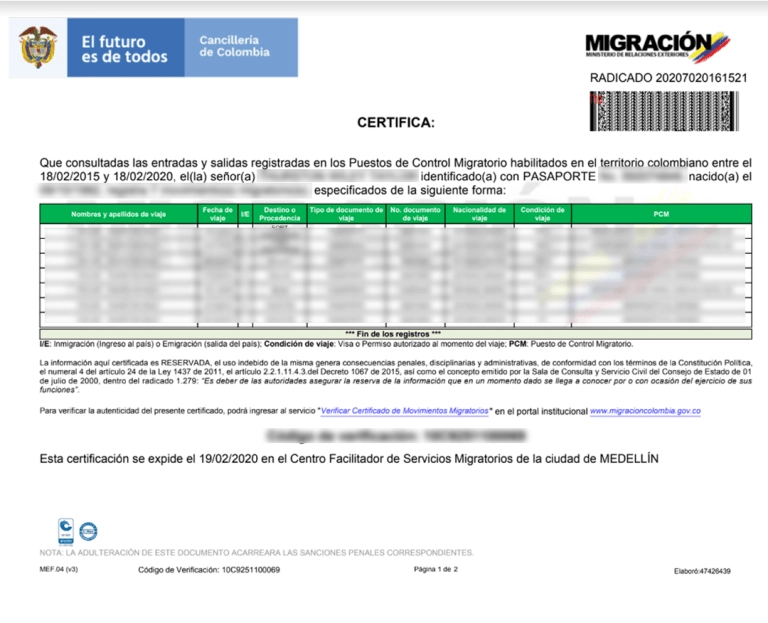 Certificate of Migratory Movements