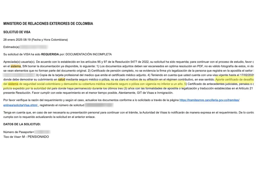 Requirement from the Ministry of Foreign Affairs demanding disaffiliation from Colombian EPS to apply for a visa